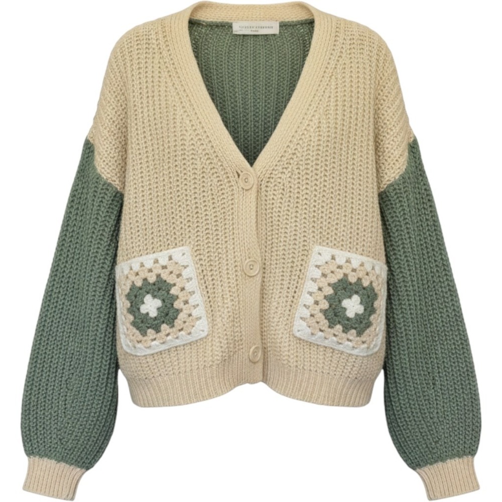 NEW Stitch Feather Knit Cardigan Womens M/L Green Cream Granny Square Colorblock